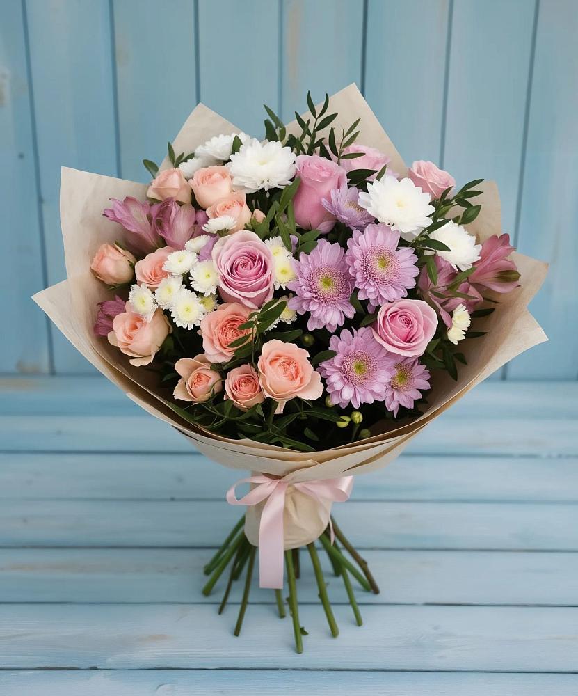 Букет цветов из: Хризантемы, Розы и Альстромерии в Енисейске
