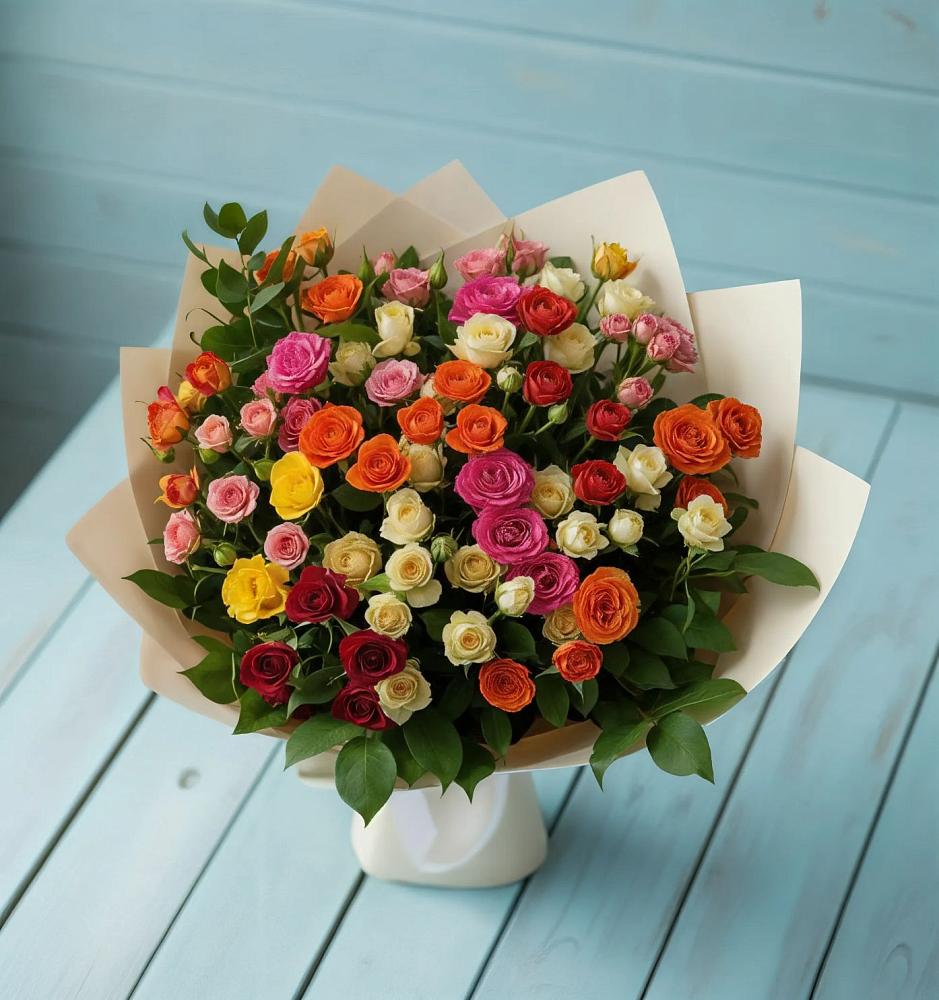 Букет Микс из разноцветных кустовых роз в Енисейске