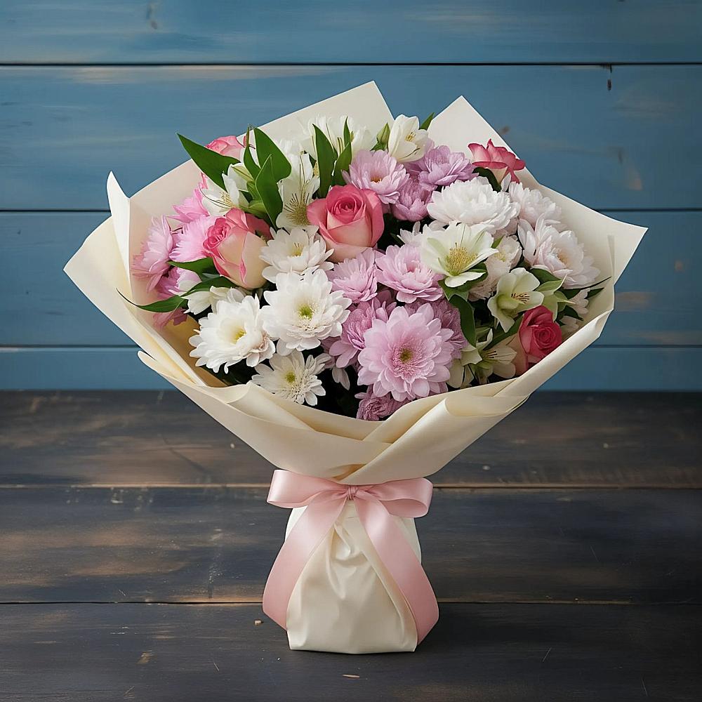 Букет цветов из: Хризантемы, Альстромерии и Розы в Енисейске